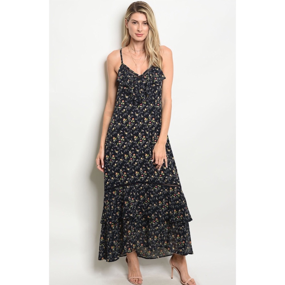 Sleeveless V-neck floral print ruffled dress